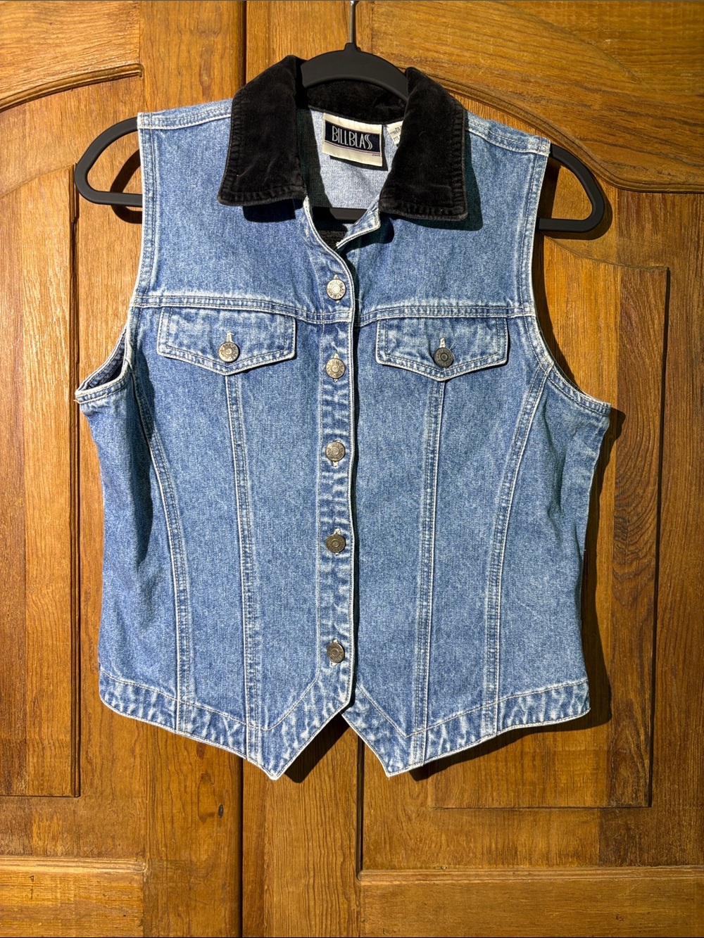 Vintage Bill Blass Blue Denim Vest with Black Velvet Collar